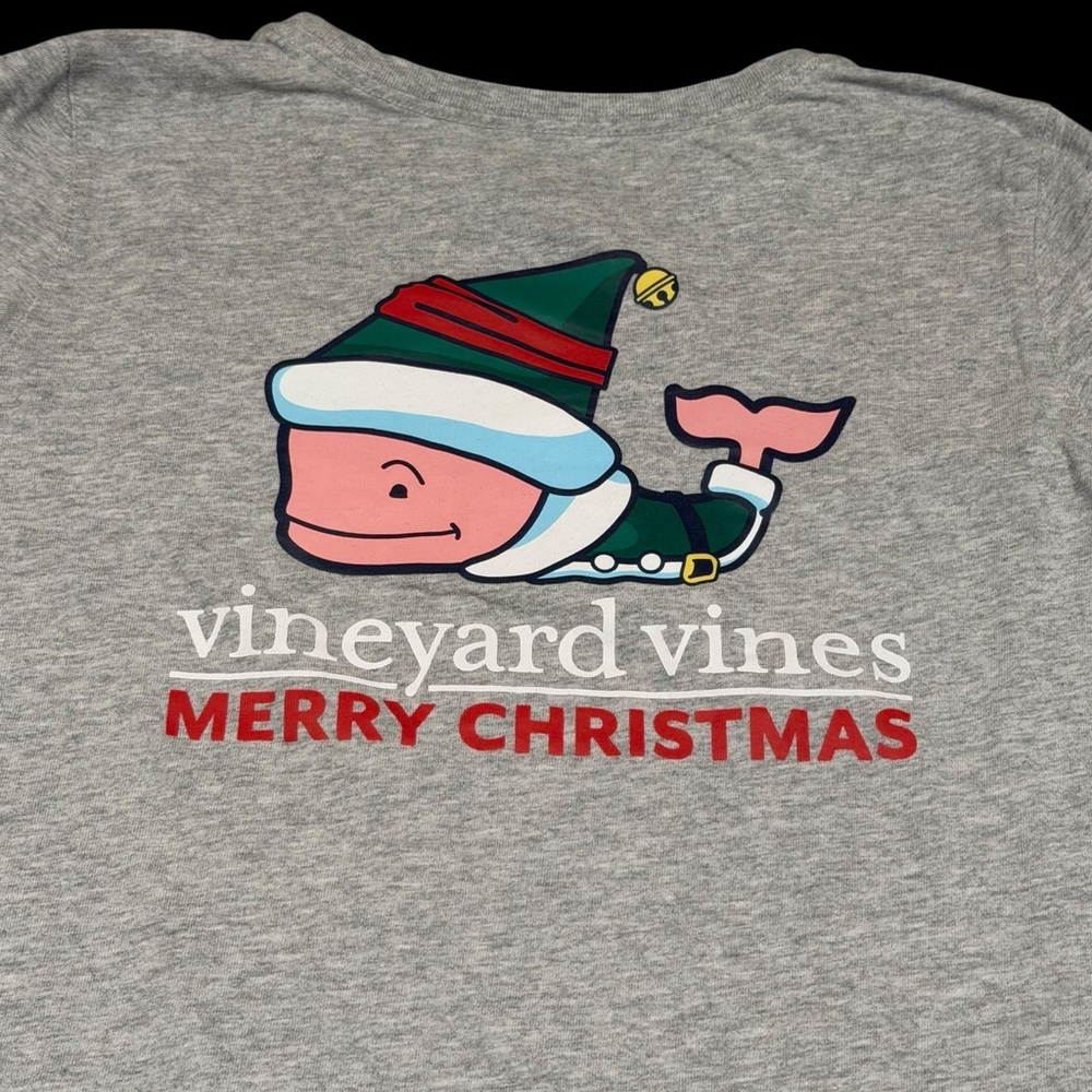 Vineyard Vines Merry Christmas Whale Long Sleeve Pocket Tee Size Youth L 14 Gray - Picture 5 of 8